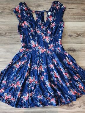 Abercrombie & Fitch Fit and Flare Floral Cut-out Mini Dress, Navy, L